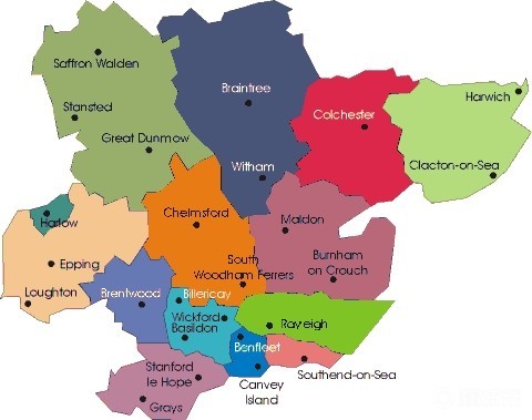 埃塞克斯地图科尔切斯特位于埃塞克斯郡的东北部,滨海绍森德位于