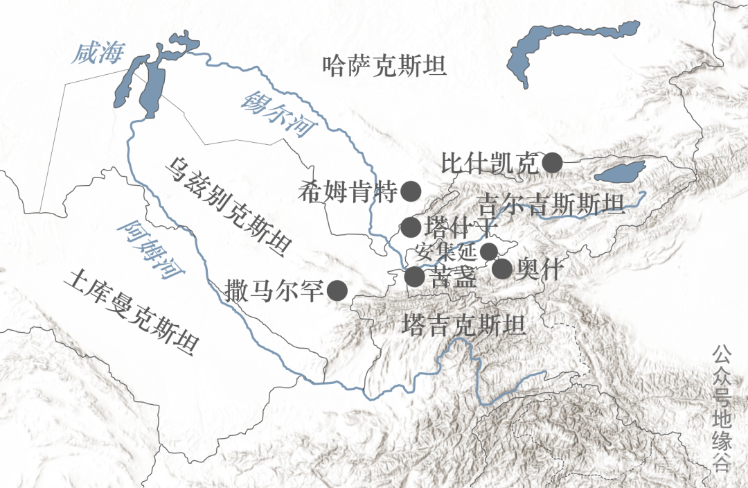 塔什干外,比较重要的还有楚河流域的比什凯克,锡尔河流域的希姆肯特