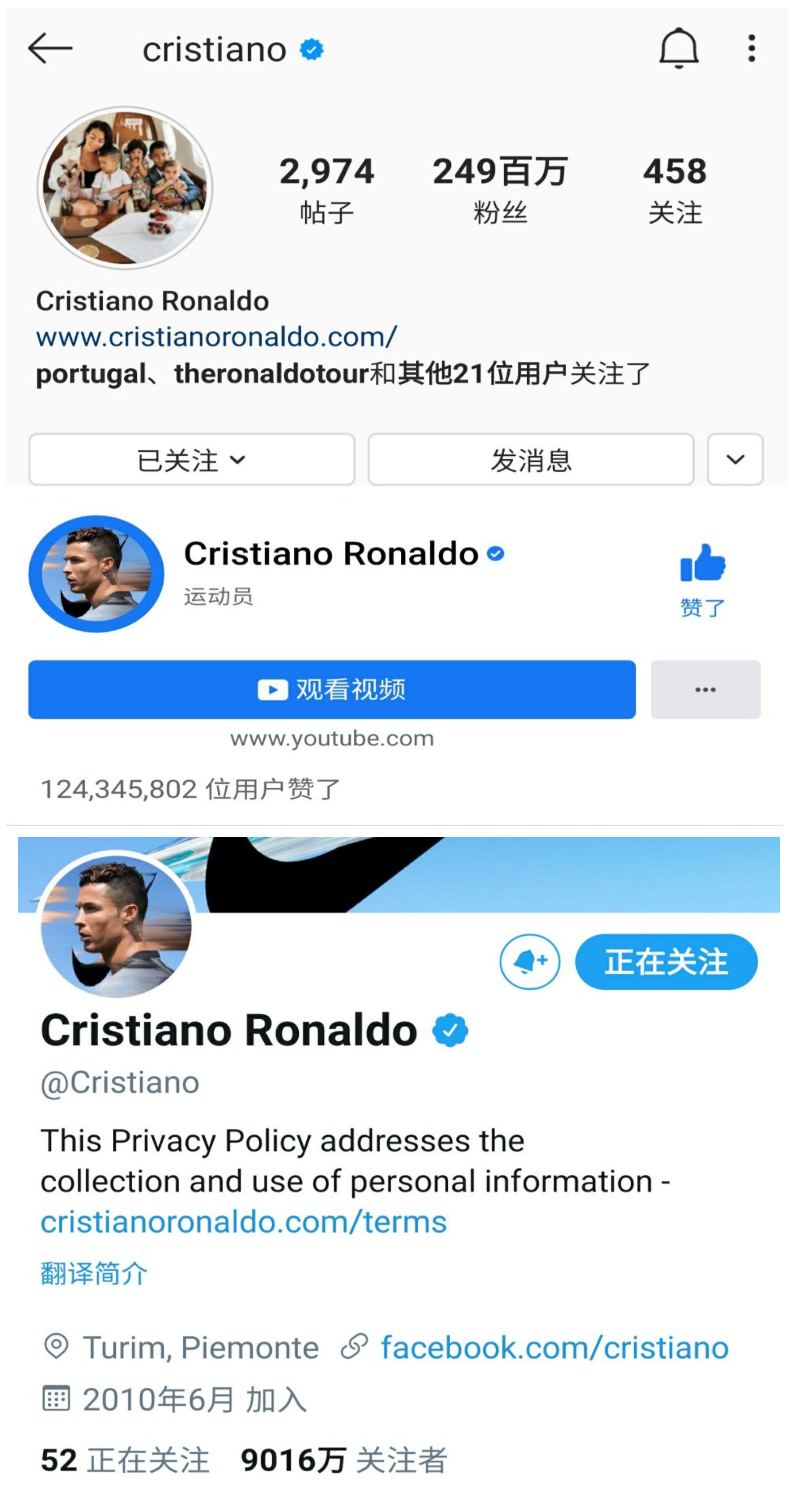 万众瞩目c罗推特粉丝突破9000万总数达到45亿多