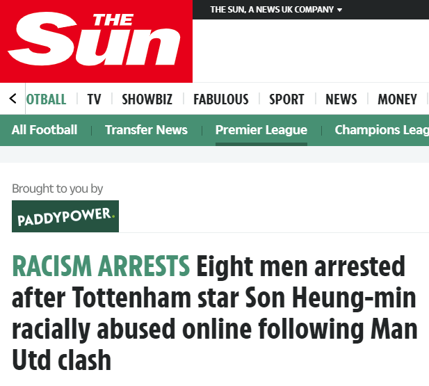 太阳报英国警方批准逮捕对孙兴慜进行种族歧视的8人