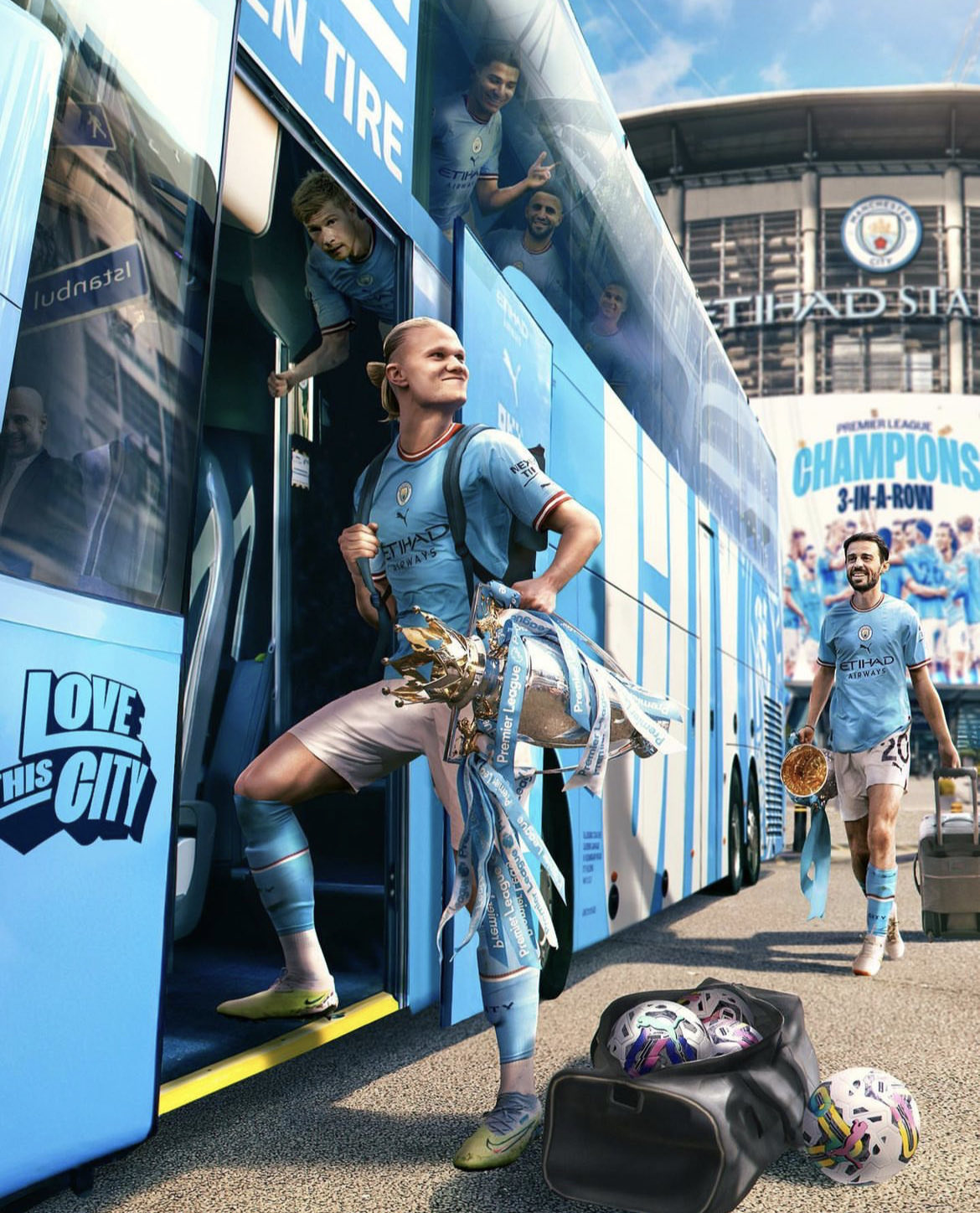 图评丨曼城官网发布海报:曼城向三冠王进发的大巴准...