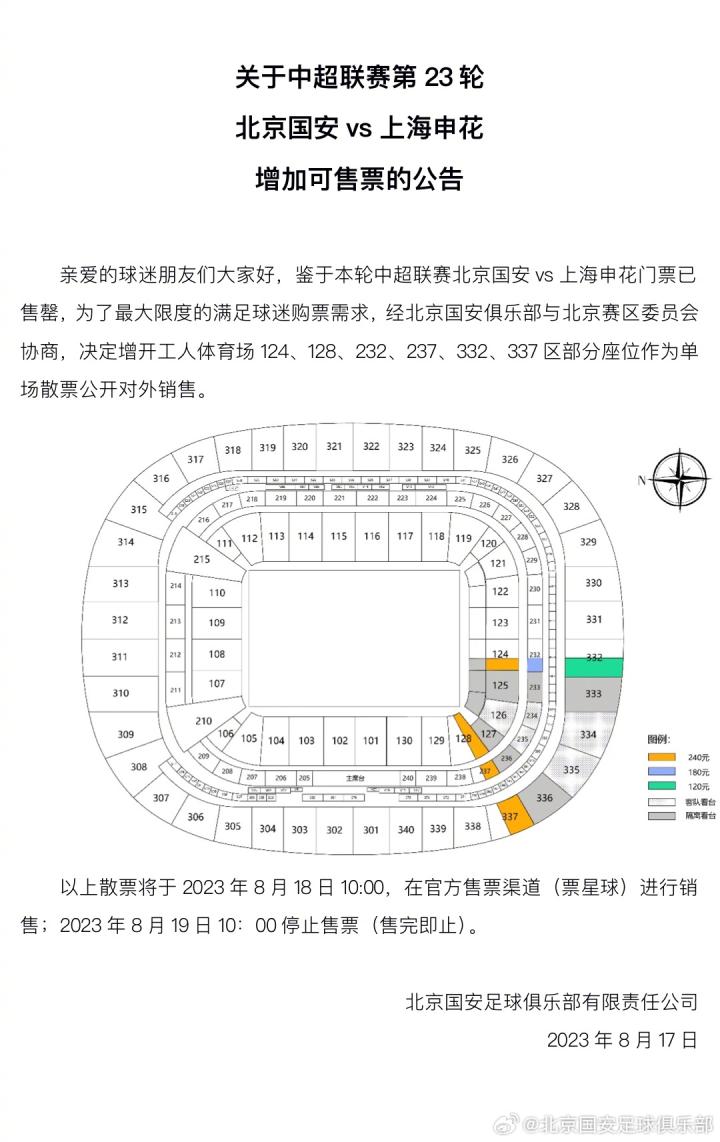 关于中超联赛第23轮北京国安vs上海申花增加可售...|北京国安|懂球帝