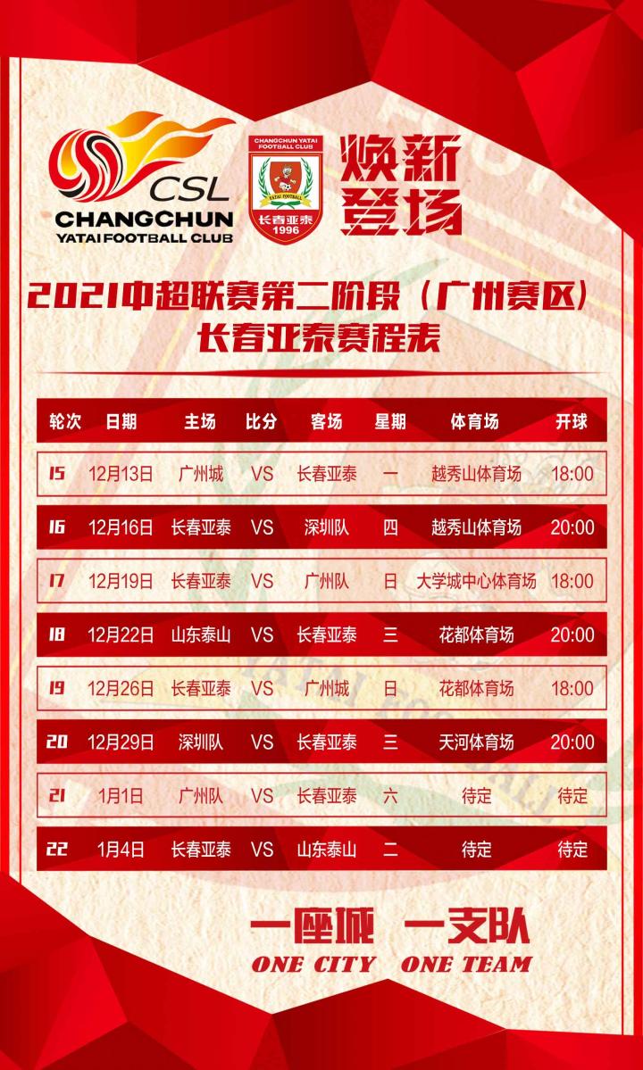 2021中超争冠组赛程出炉亚泰13日18时首战广州城