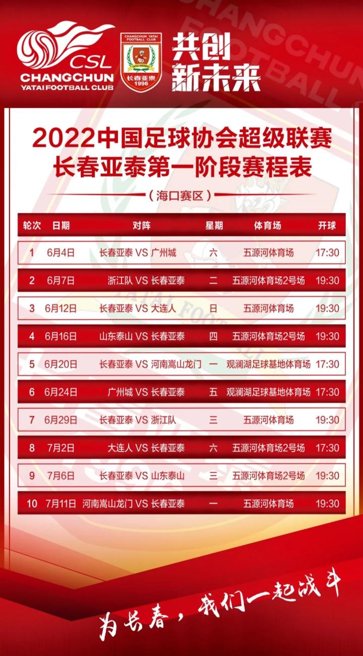 2022中超第一阶段赛程出炉长春亚泰6月4日首战广州城