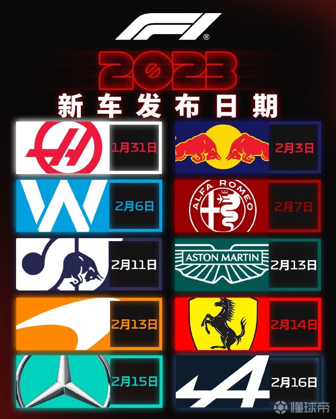 F1 2023十支车队新车发布时间确定:哈斯最先,Alpine最后|StakeF1车队|迈凯伦|梅赛德斯|红牛|法拉利|威廉姆斯|懂球帝