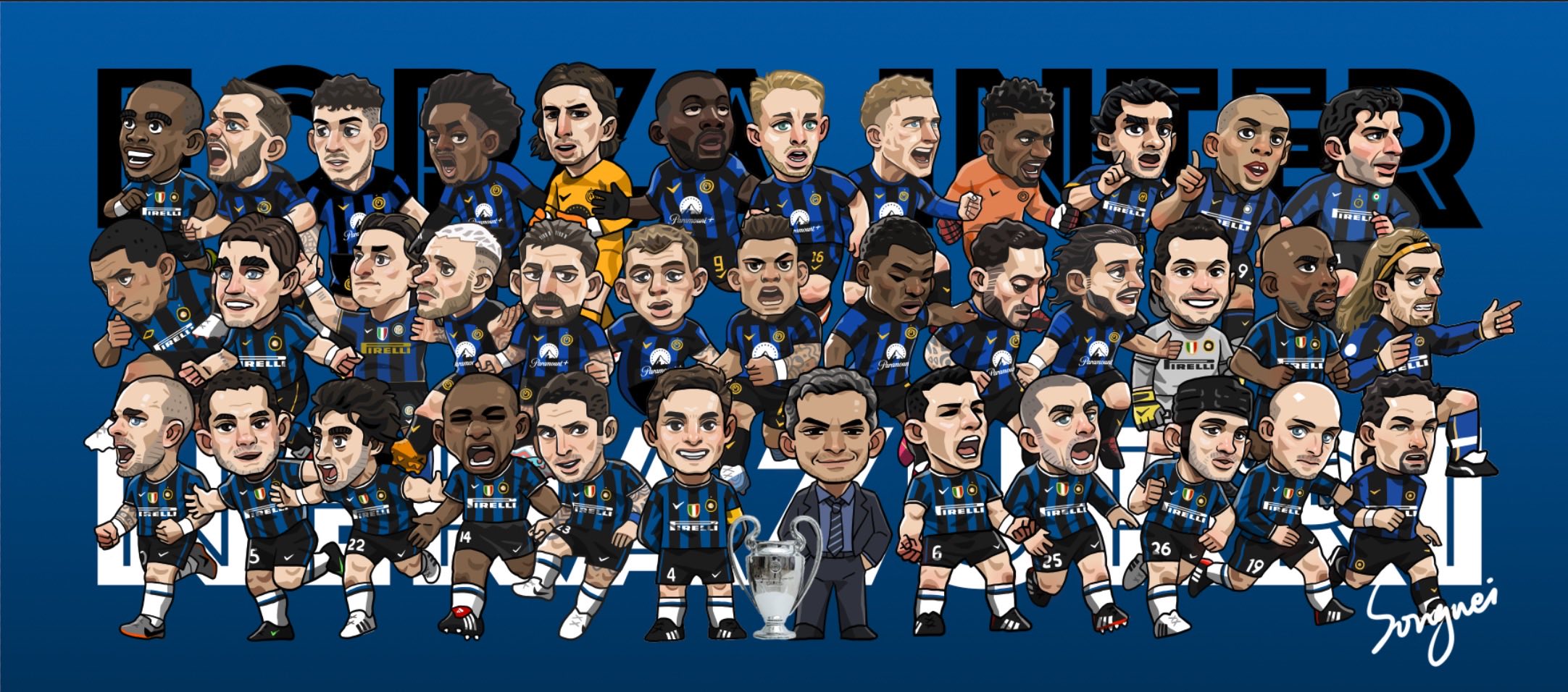 手绘国际米兰全家福c位当然要是萨内蒂和穆里尼奥了