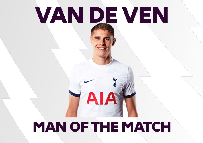 斩获热刺生涯处子球,英超官方:范德芬当选全场最佳球员