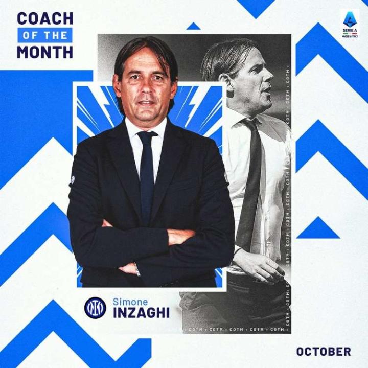 国际米兰主帅小因扎吉被意甲官方评选为10月份最佳