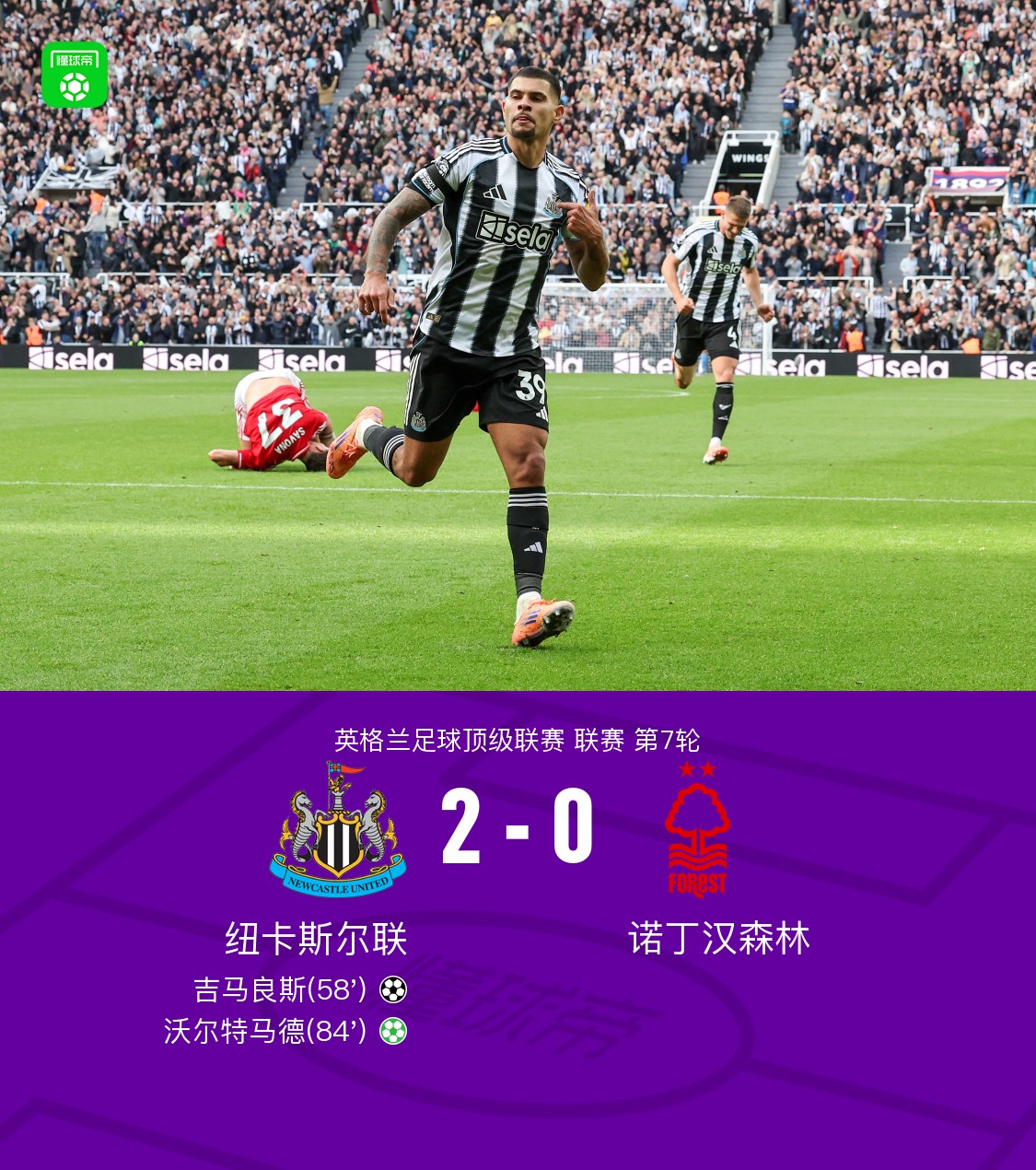纽卡2-0诺丁汉森林，吉马良斯世界波，沃尔特马德点射+中楣