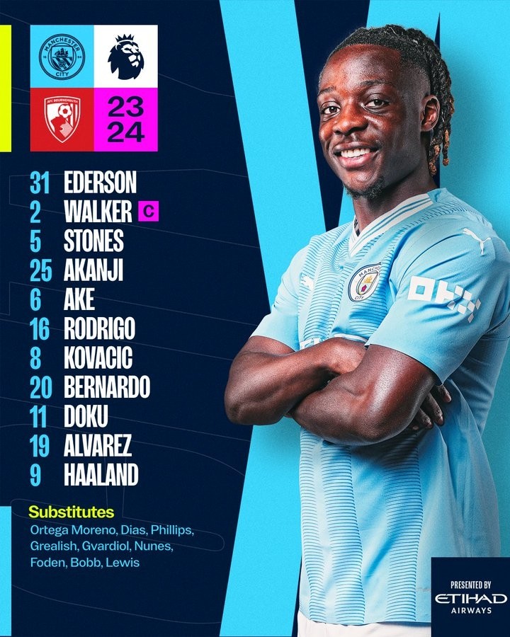 曼城vs伯恩茅斯哈兰德阿尔瓦雷斯多库联袂首发