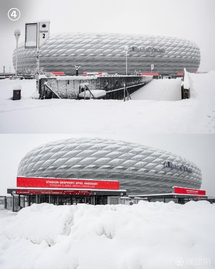 大雪覆盖下的拜仁慕尼黑主场安联球场，有如冬日仙境...