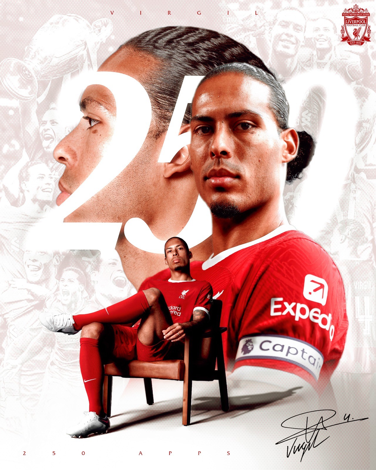 范戴克迎来利物浦生涯250场纪念,红军官方发布海报祝贺