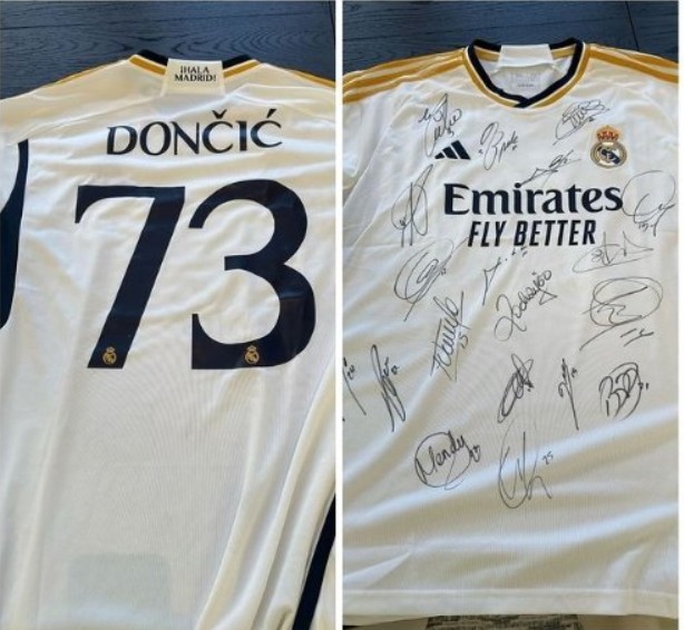 美凌格双向奔赴纪念73分东契奇获赠皇马集体签名73号球衣