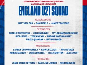 英格兰U21公布新名单，备战2025年U21欧洲杯预选赛