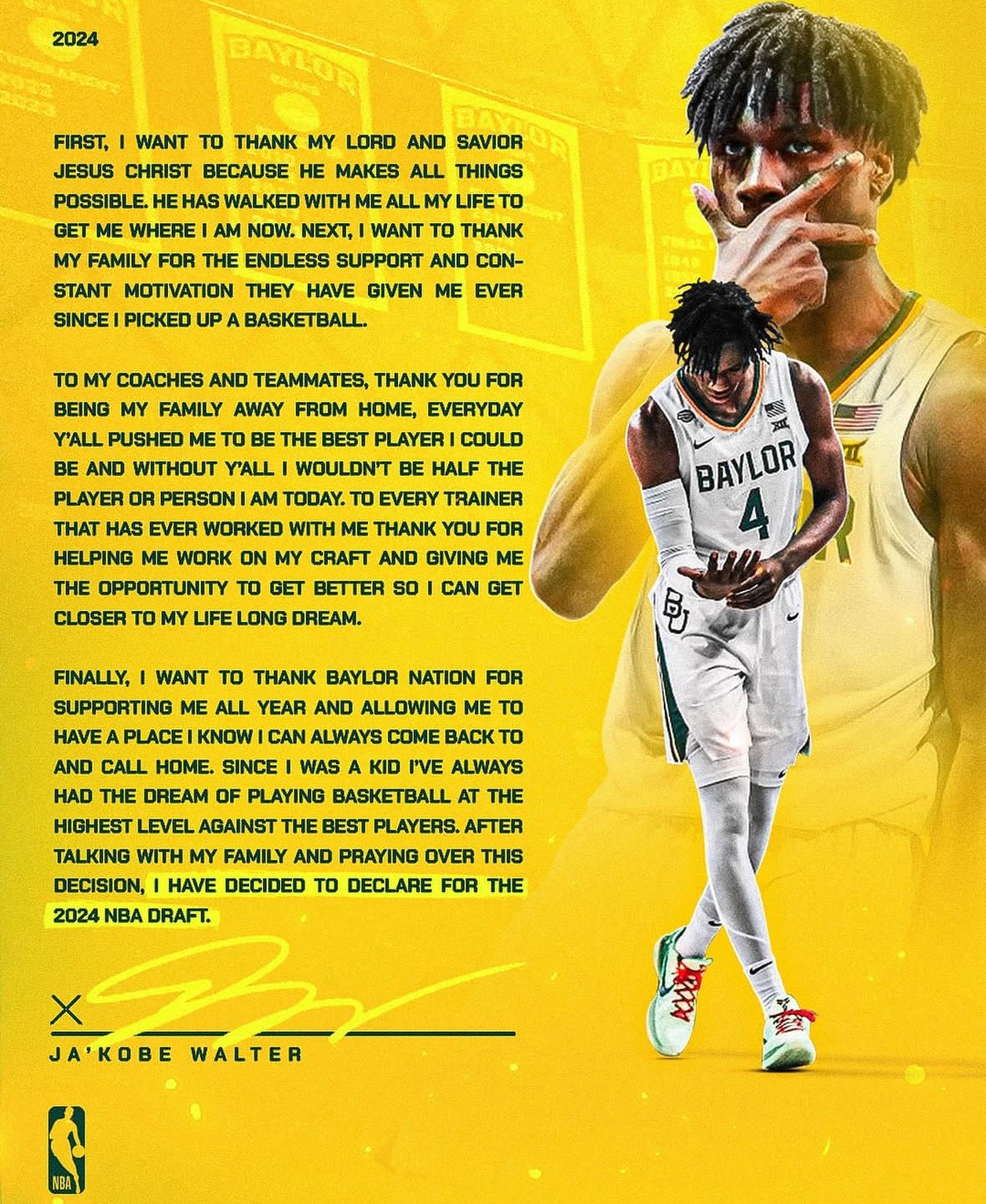 前10顺位贝勒大学后卫贾科比沃尔特自宣投入2024年nba选秀