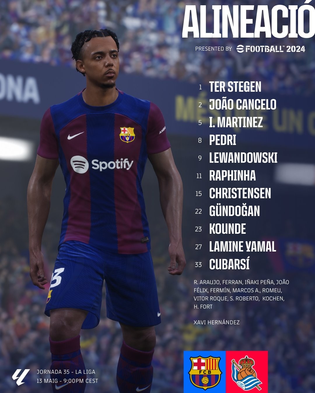 巴萨vs皇家社会:莱万搭档亚马尔,佩德里,京多安首发出战