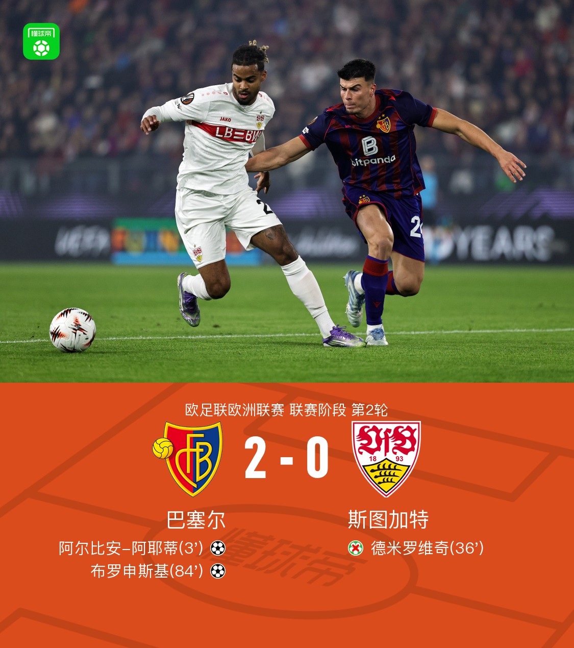巴塞尔2-0斯图加特，阿尔比安-阿耶蒂破门，布罗申斯基锦上添花