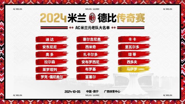 米兰德比元老赛将在南宁举行,卡卡,里瓦尔多领衔米兰名单