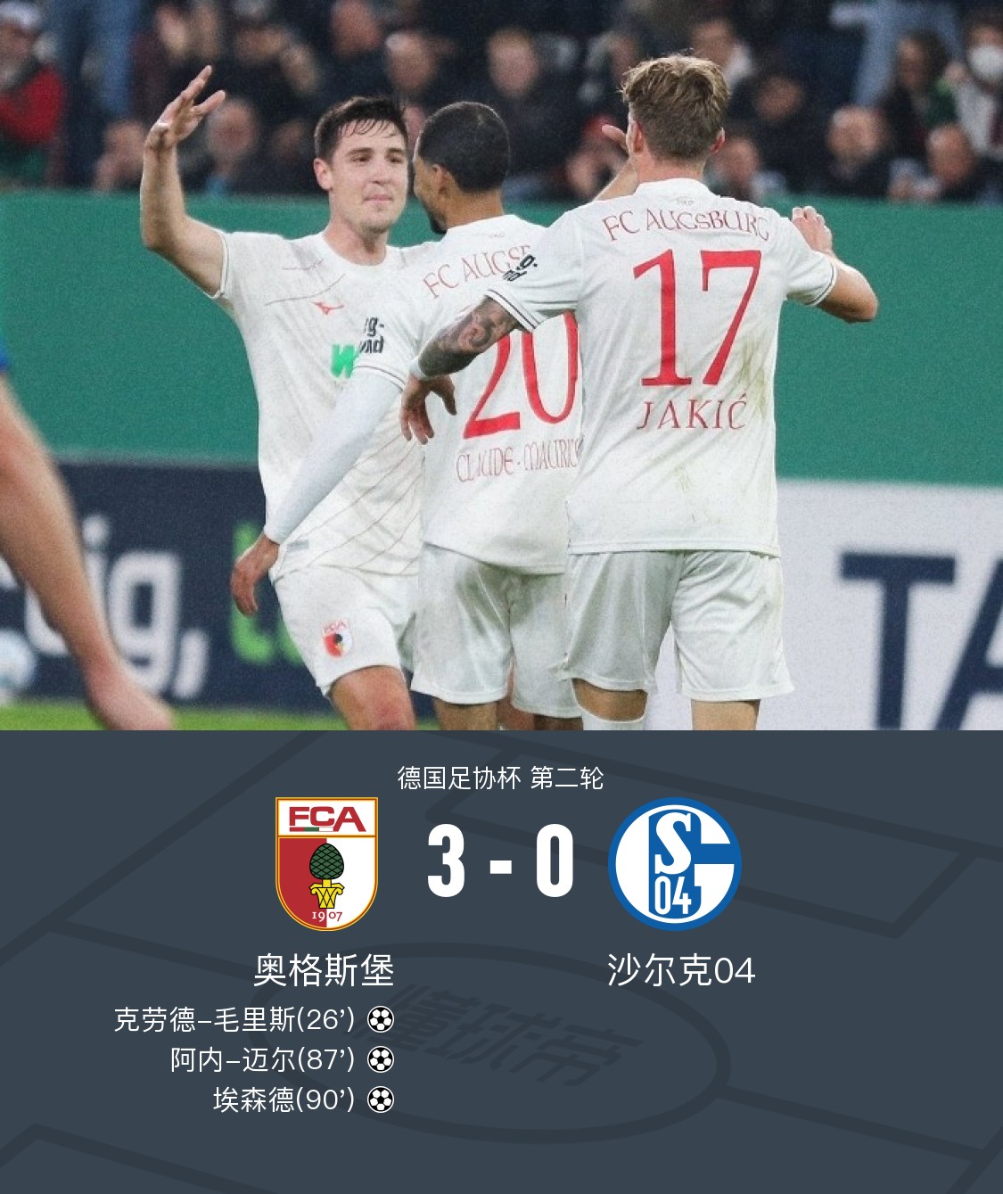 德国杯奥格斯堡3-0沙尔克，克劳德-毛里斯破僵，埃森德建功