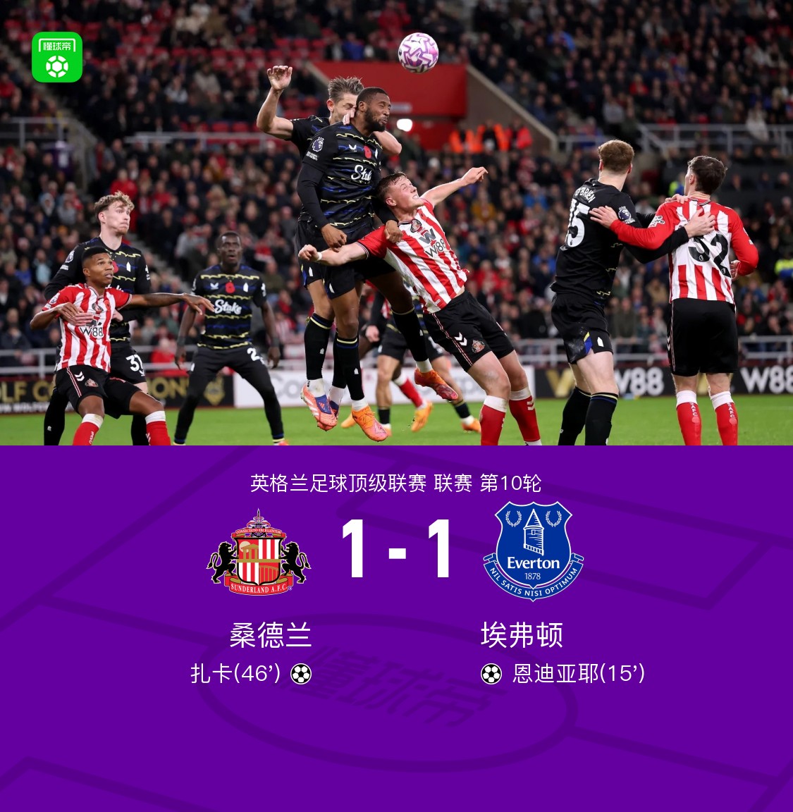 桑德兰1-1埃弗顿，恩迪亚耶破门，扎卡扳平