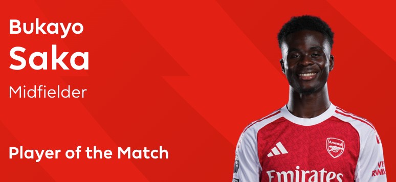 进球助阿森纳客场2-2战平桑德兰，萨卡当选全场最佳球员