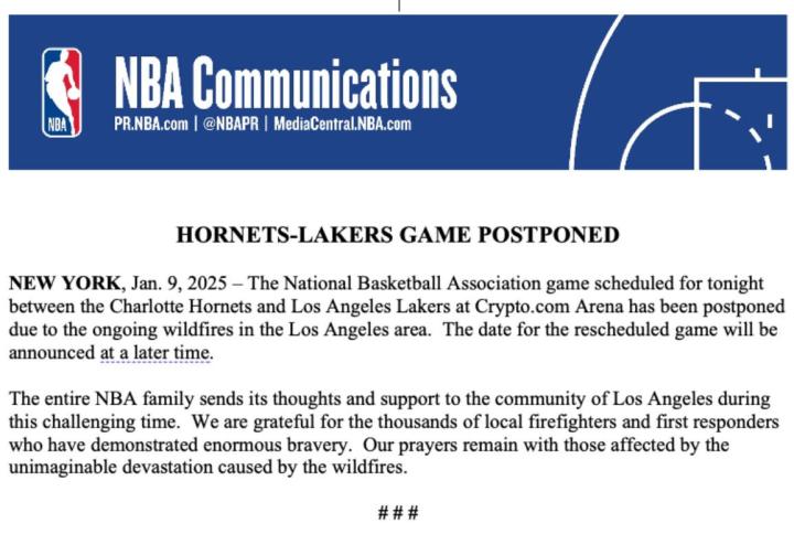 NBA官方：因洛杉矶持续遭遇山火，湖人主场对阵鹈鹕的比赛延期