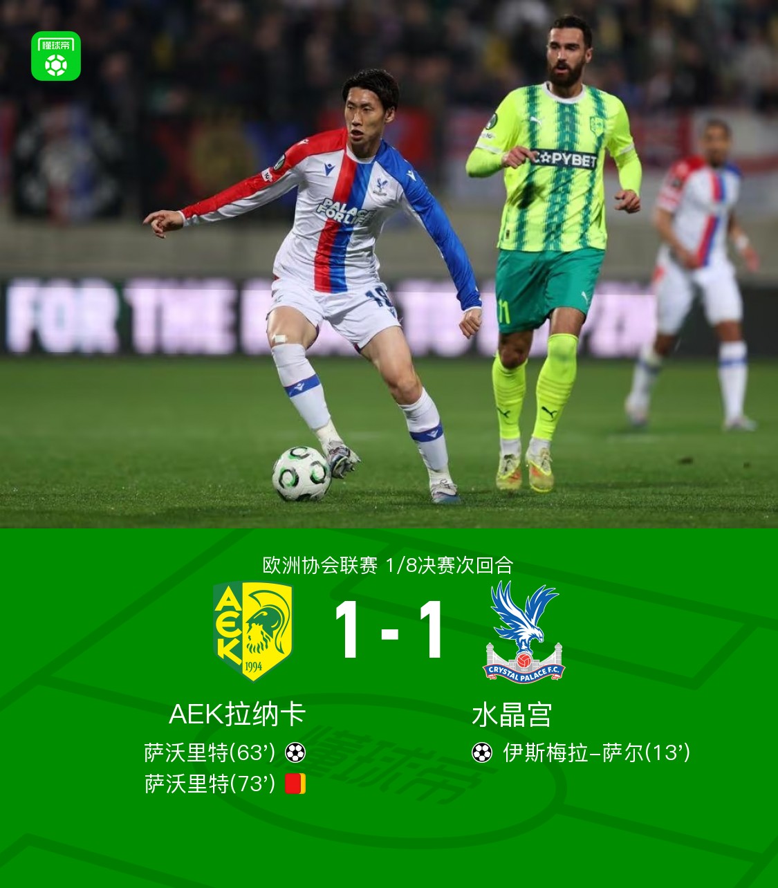 90分钟战报：拉纳卡总比分1-1水晶宫，双方进入加时