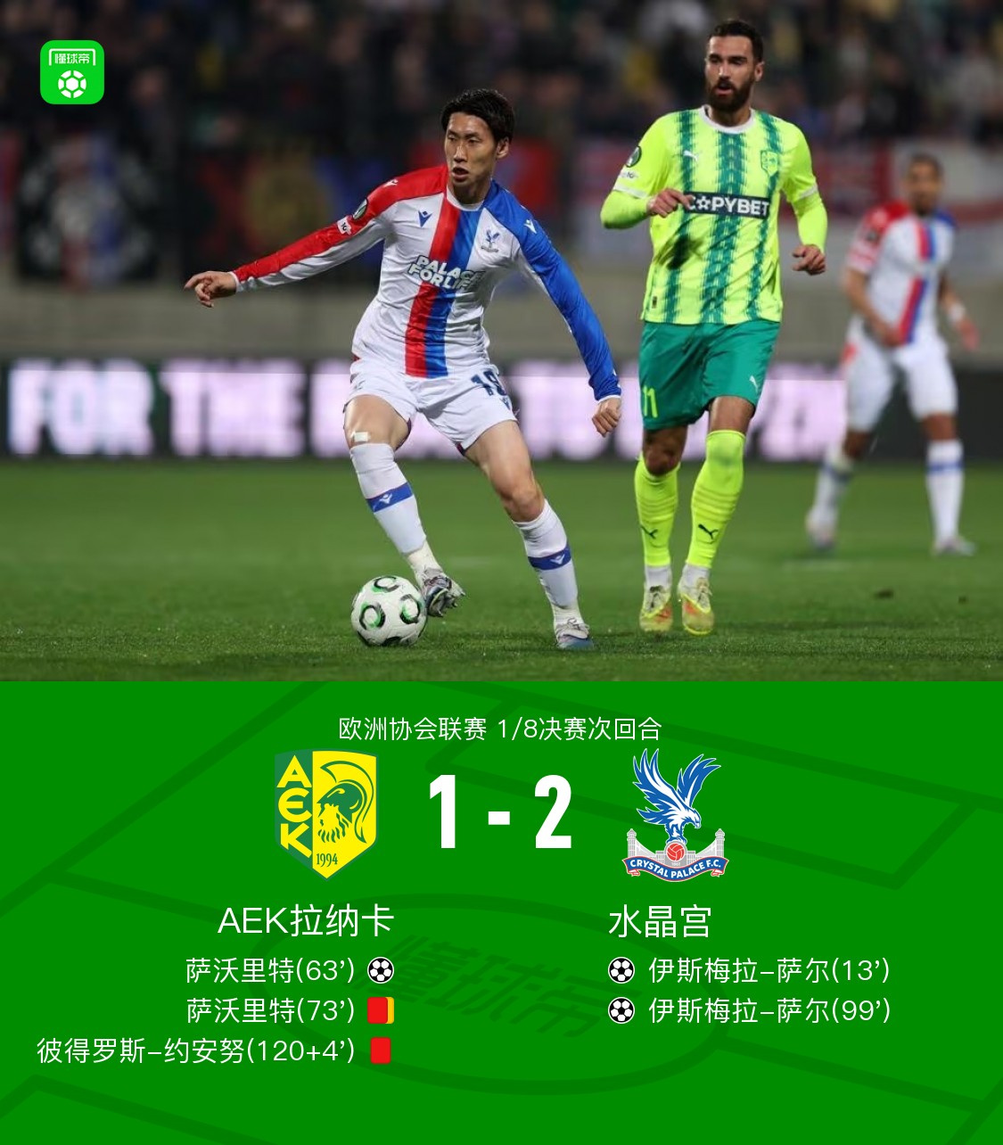 水晶宫总比分2-1九人拉纳卡晋级，萨尔梅开二度