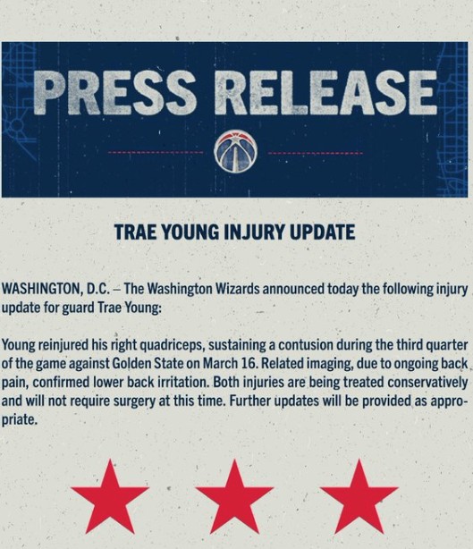 奇才官方：特雷-杨右股四头肌挫伤+下背部刺激，将无限期缺战