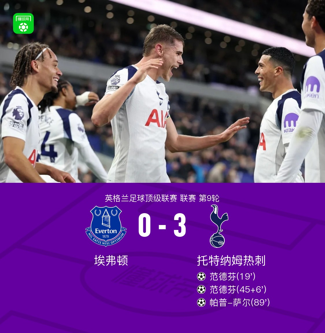 剑南春｜热刺3-0客胜埃弗顿，范德芬头球双响，萨尔头球建功