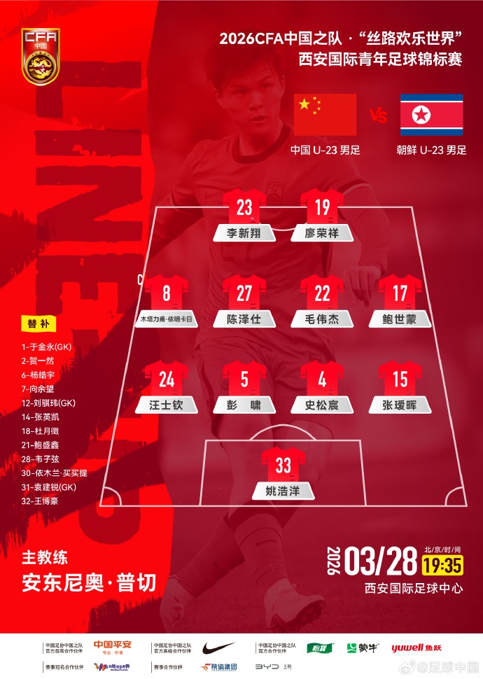 U23国足官方阵型：4-4-2，鲍世蒙边前，廖荣祥、李新翔双前锋