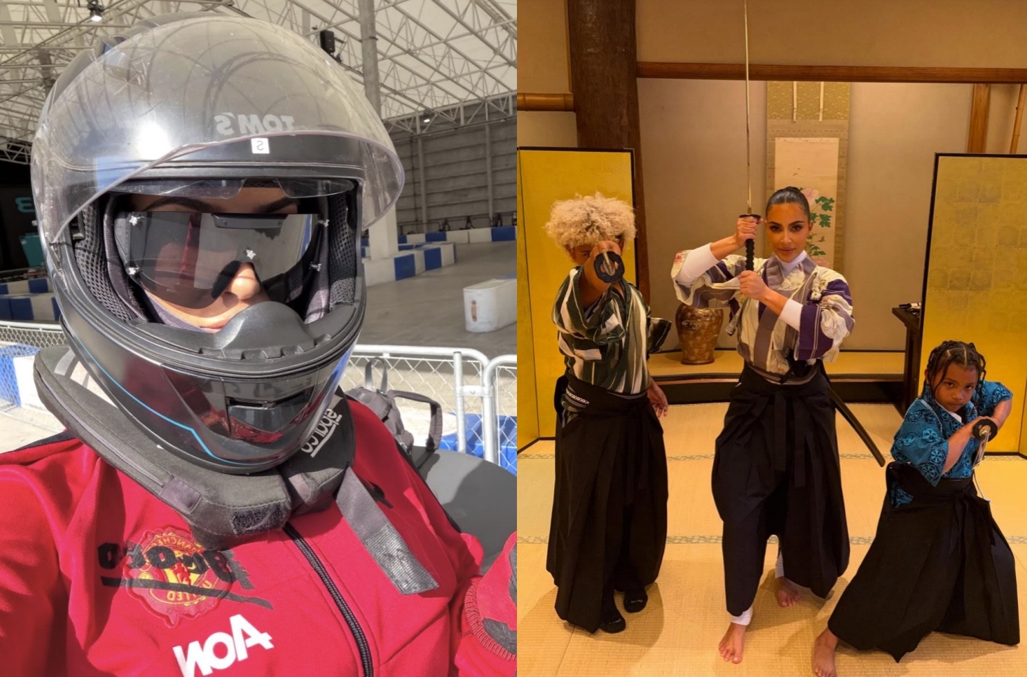 卡戴珊社媒晒日本之旅：穿曼联外套开卡丁车，学习日本剑道