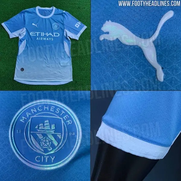 曼城下赛季主场球衣谍照更新：正面蓝白渐变，或采用镭射队徽