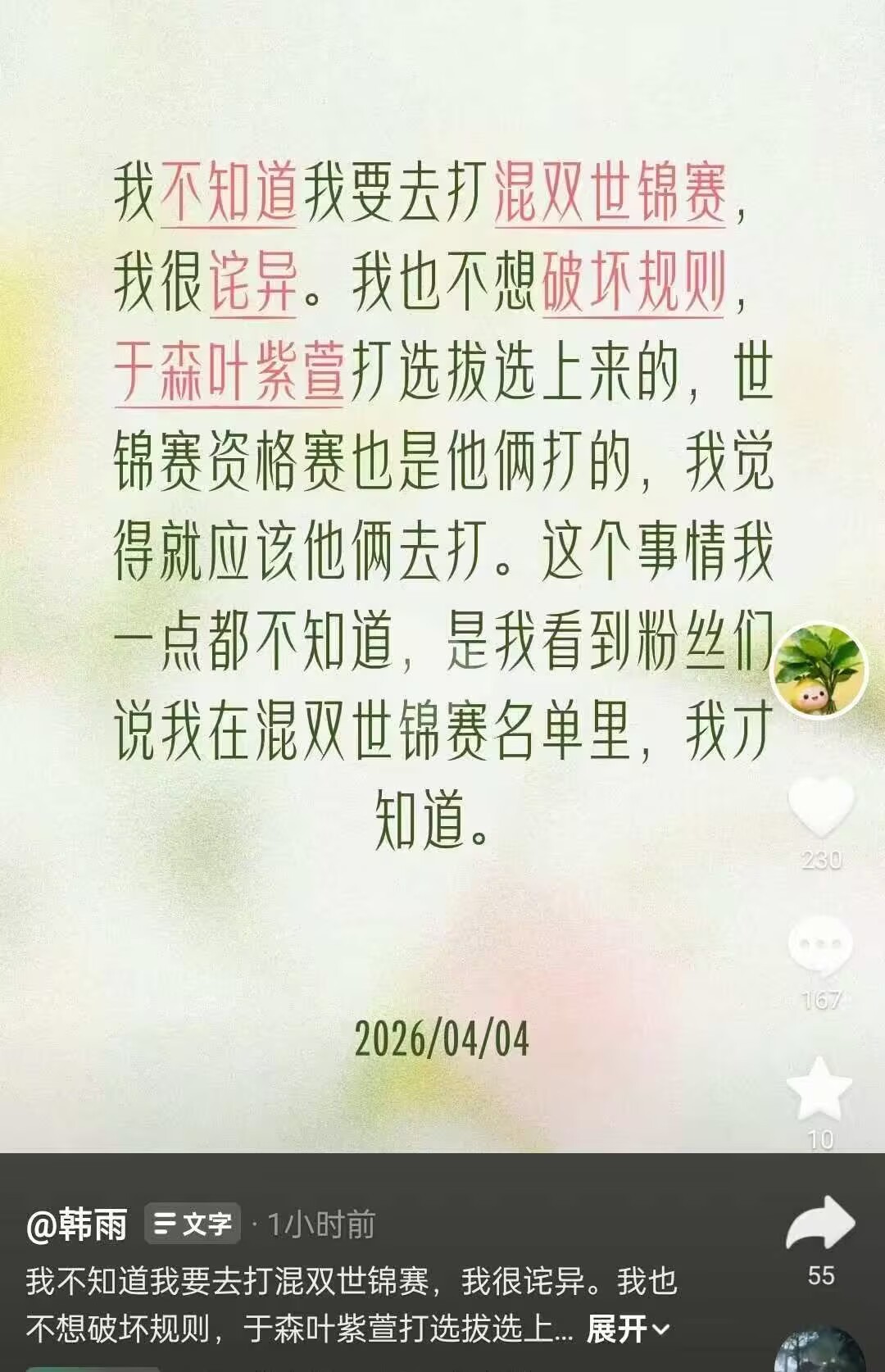 冰壶混双世锦赛名单出炉韩雨在列，韩雨：不会出战，但可能会被封杀