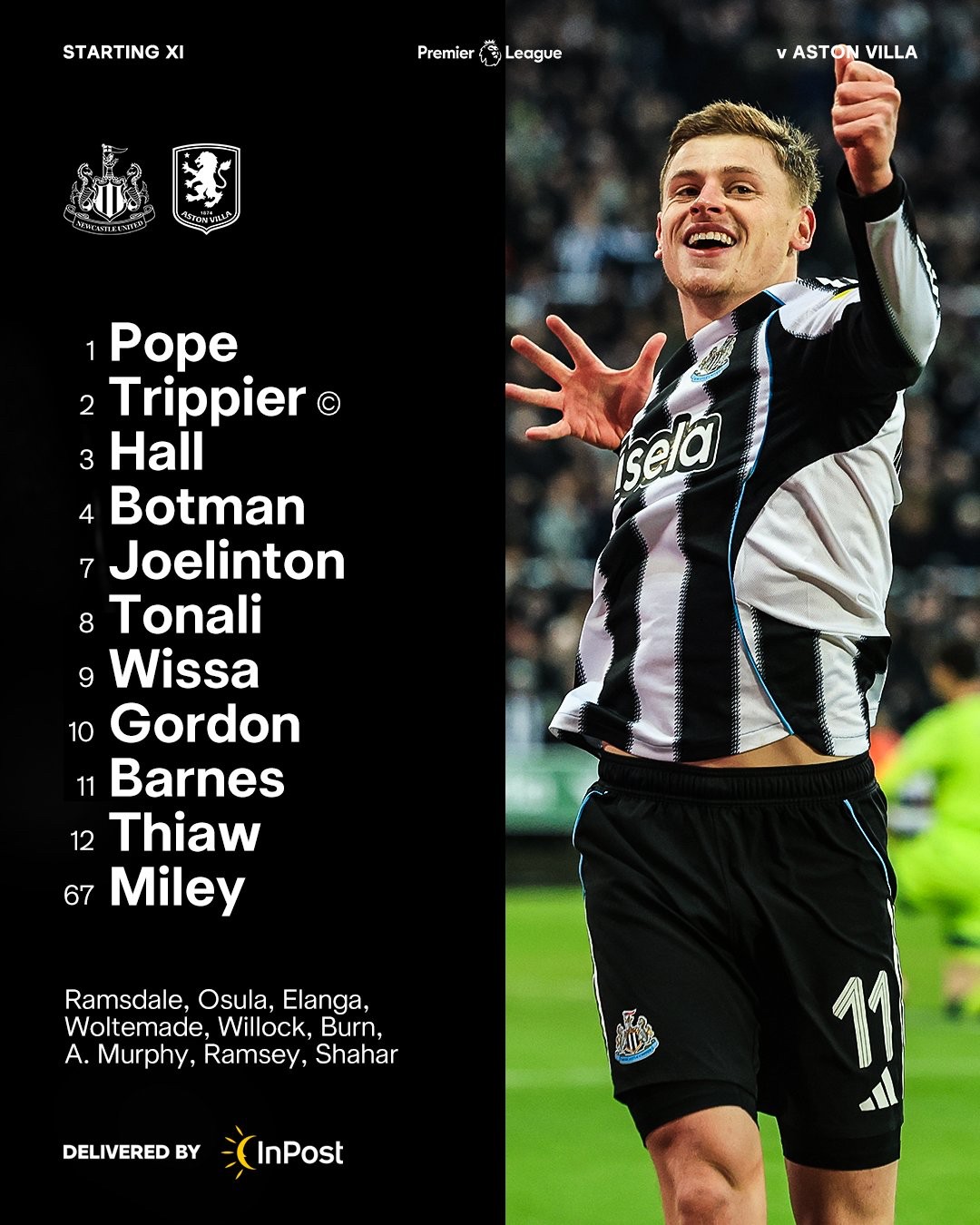 纽卡vs维拉：维萨、戈登首发；沃特金斯、桑乔出战