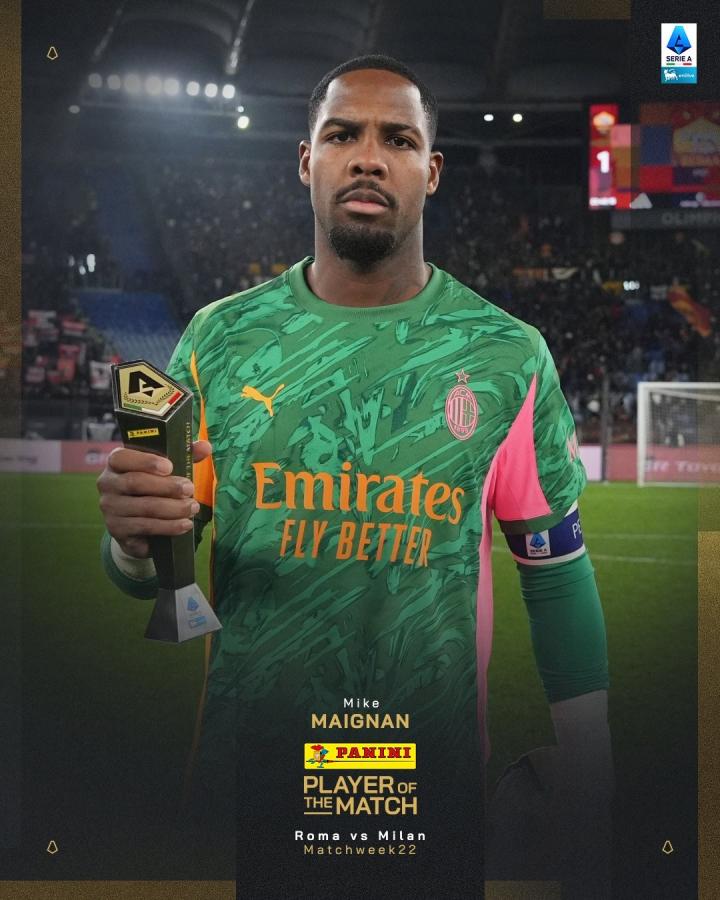 全场6次扑救，迈尼昂当选罗马vs米兰全场最佳