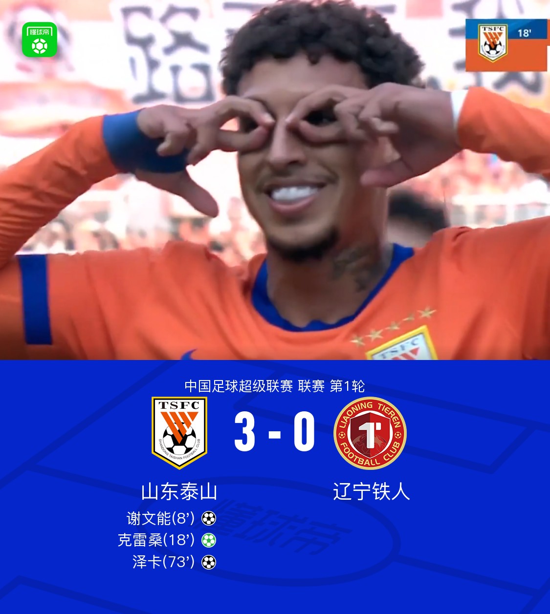 山东3-0铁人迎开门红，谢文能、泽卡破门，克雷桑造点+点射