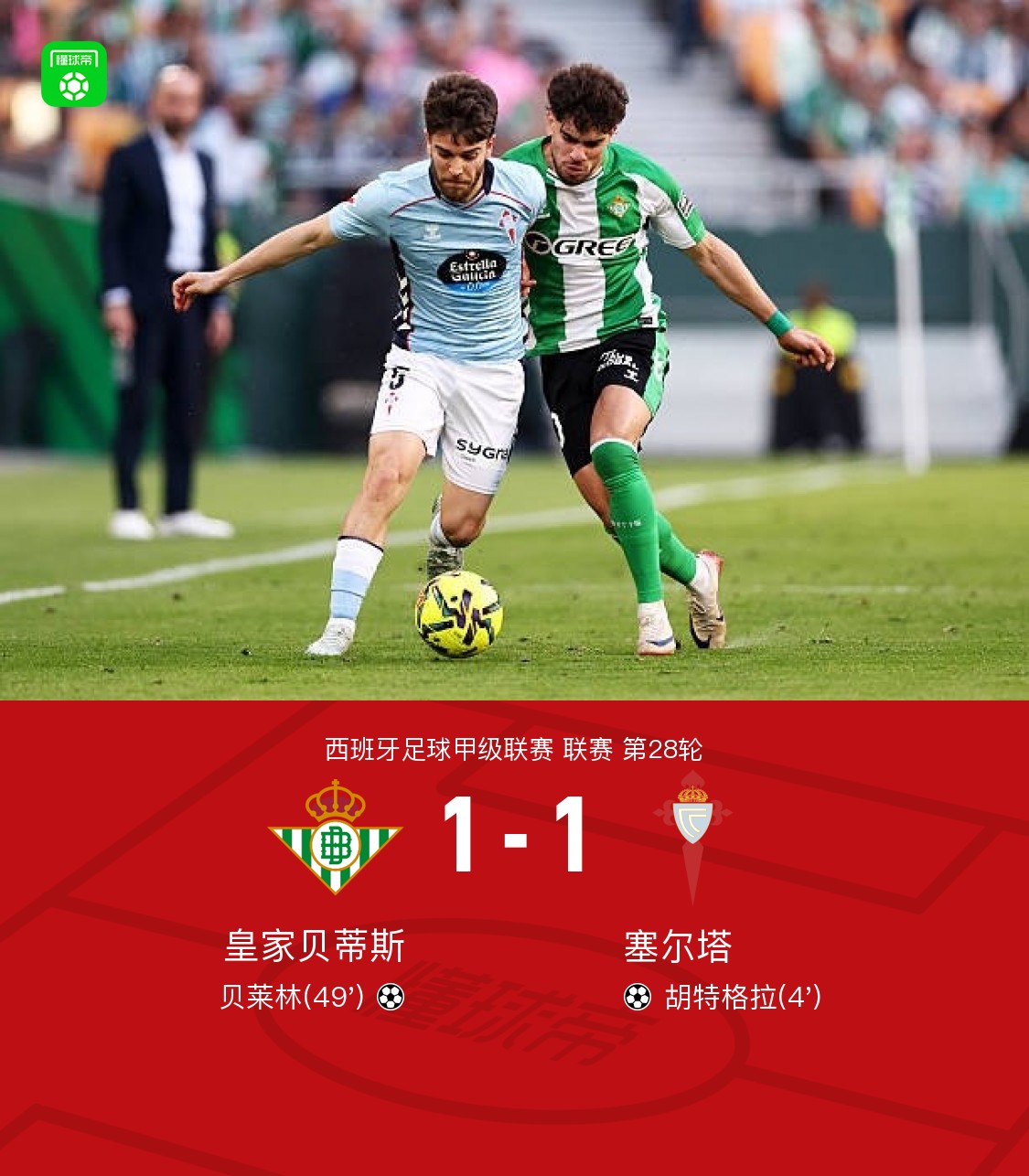 贝蒂斯1-1塞尔塔，胡特格拉闪击，贝莱林扳平