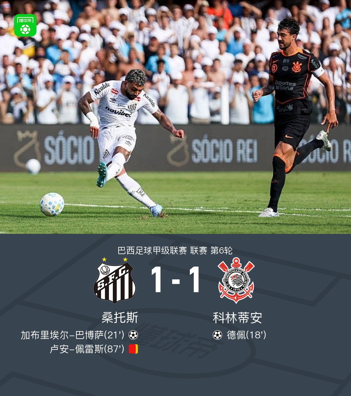 桑托斯1-1科林蒂安，内马尔献助攻，巴博萨破门