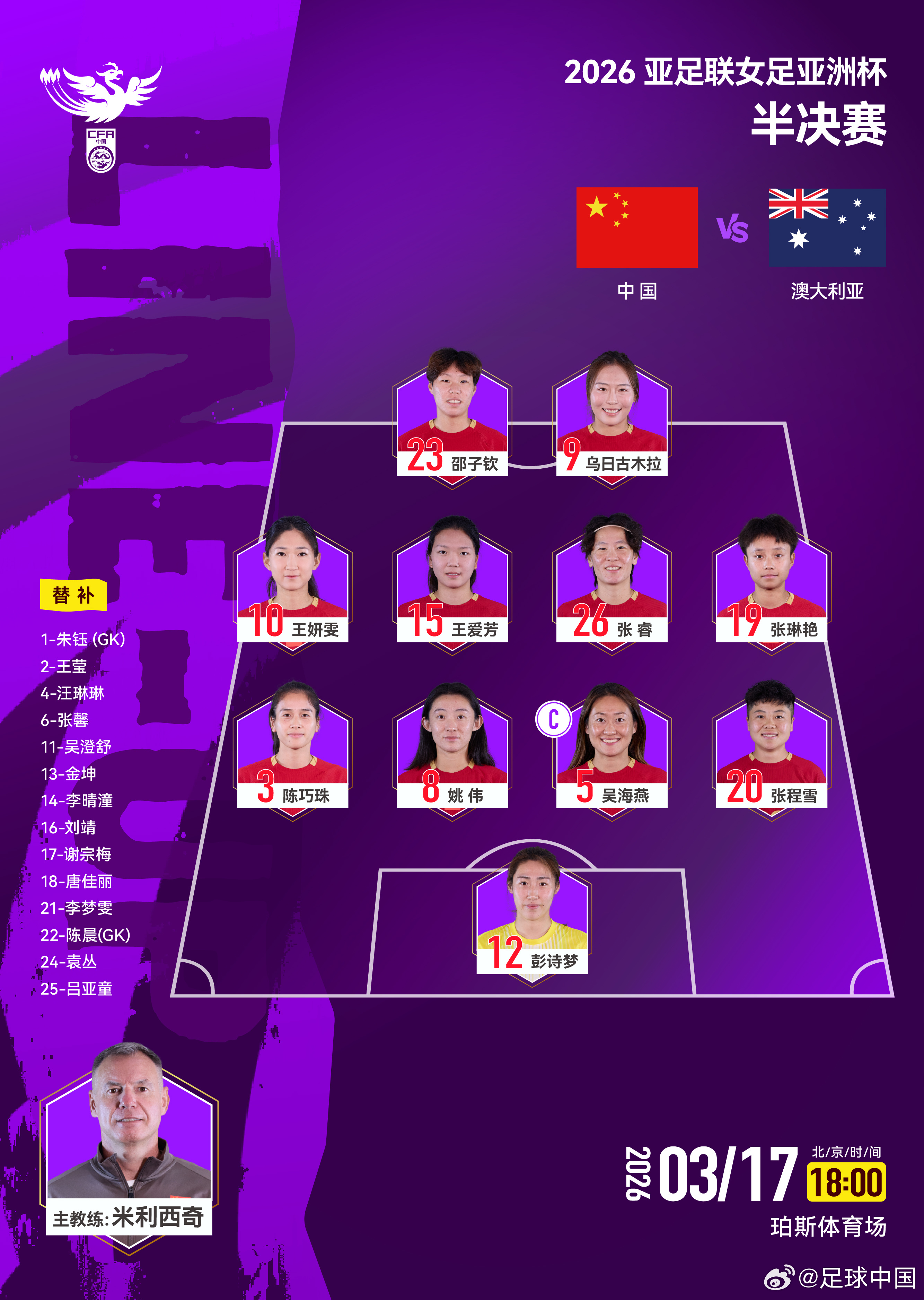 中国女足官方阵型维持4-4-2，半决赛相较上一场更换6名首发