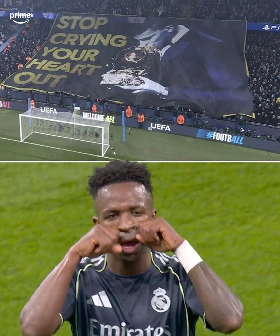 维尼修斯庆祝进球做出哭泣者动作，疑似回应曼城上赛季的Tifo